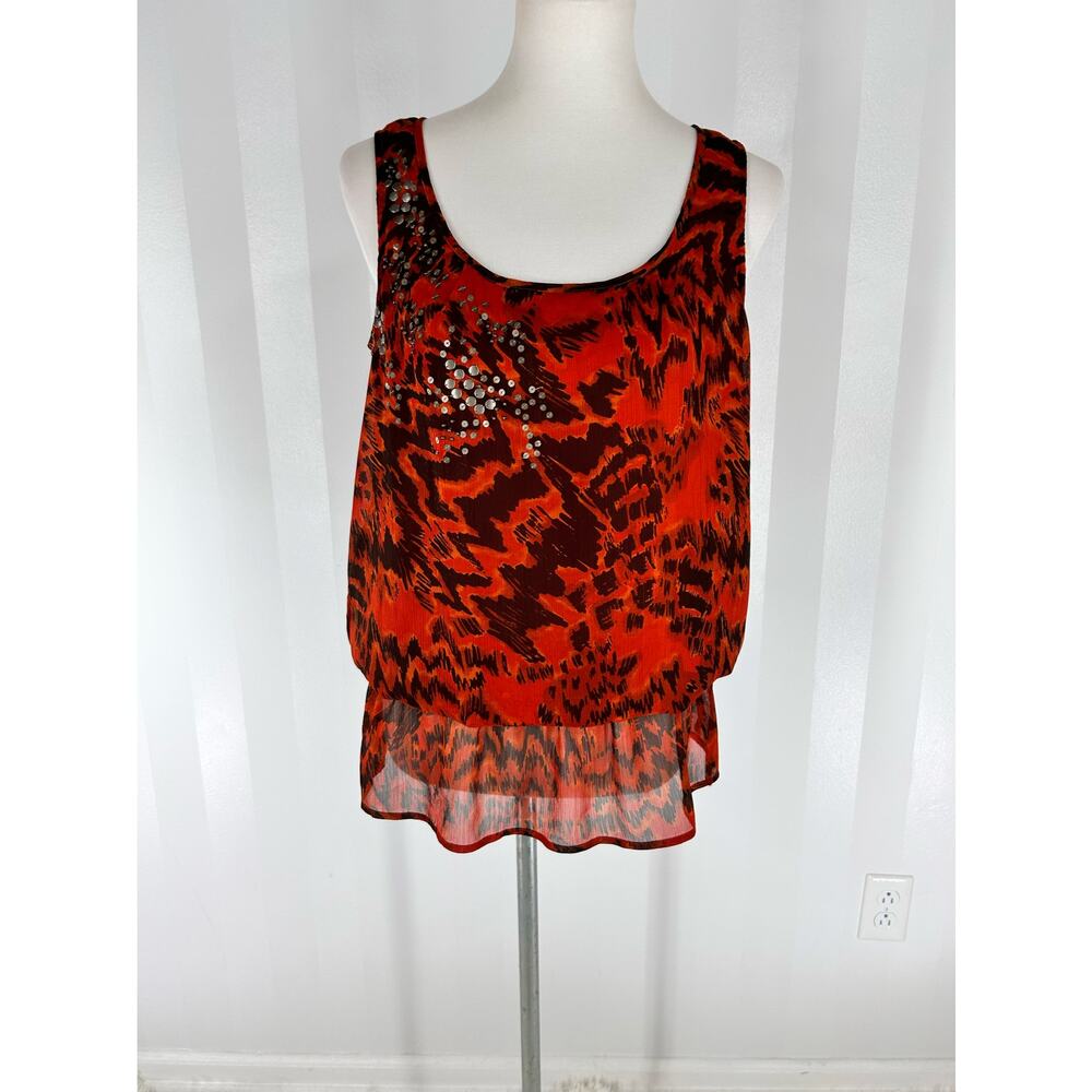APT 9 Women’s Burnt Orange Pattern Sleeveless Sheer Top Sz M